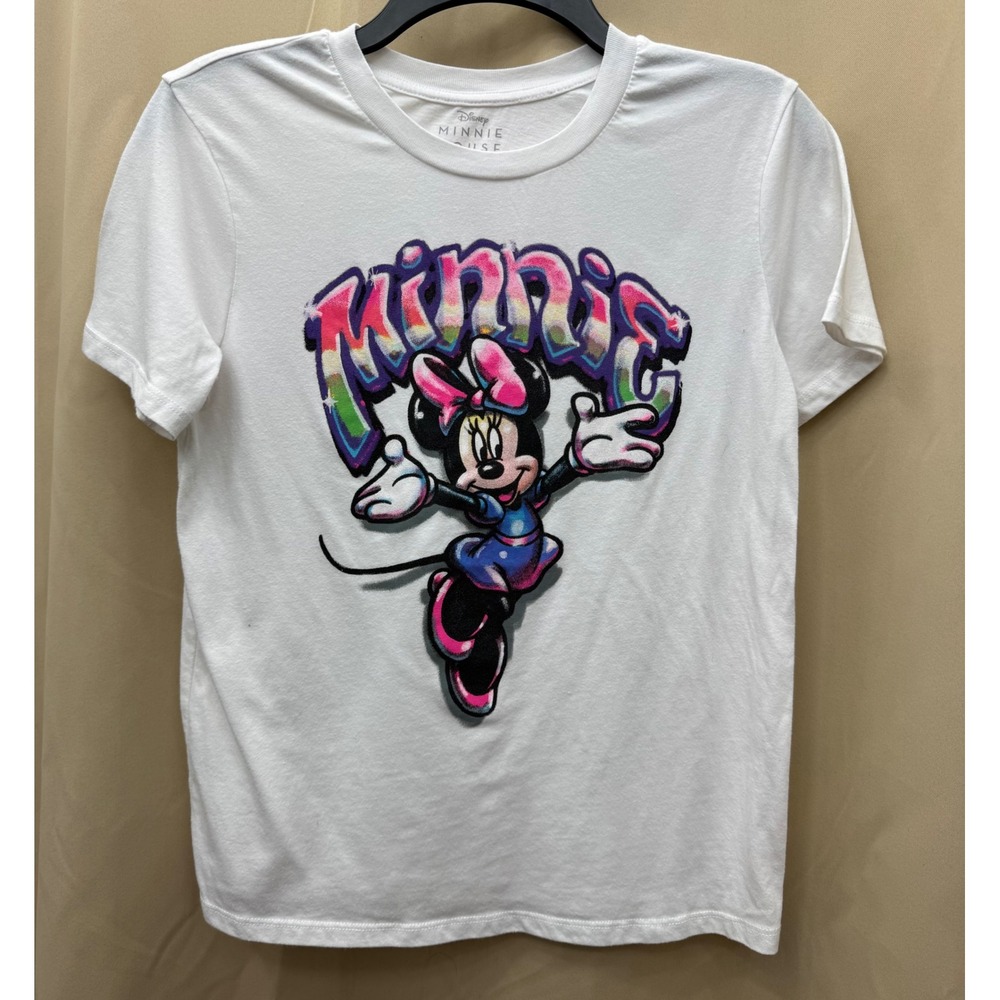 Disney Minnie Mouse Womens XS White Rainbow Airbrush Graphic TShirt Short Sleeve